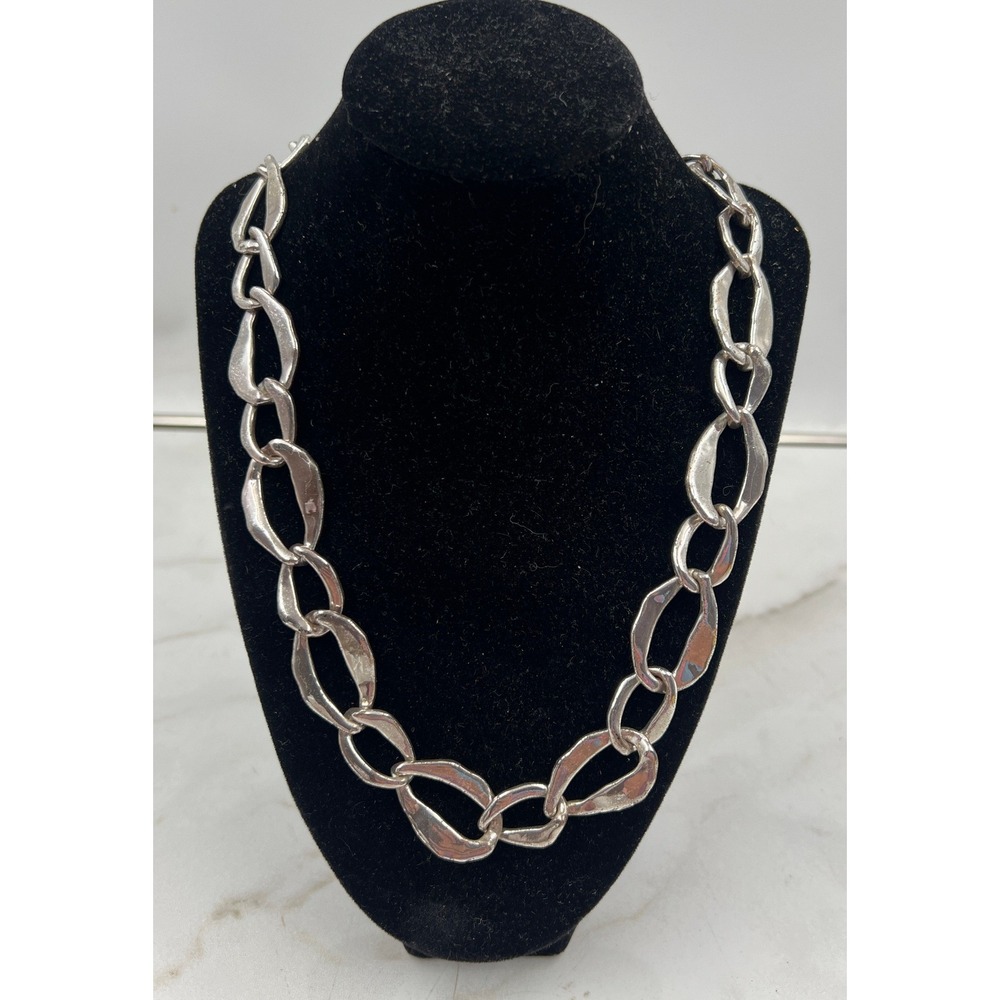 Silver Tone Chunky Hammered Link Necklace Toggle Clasp Statement Jewelry 25in